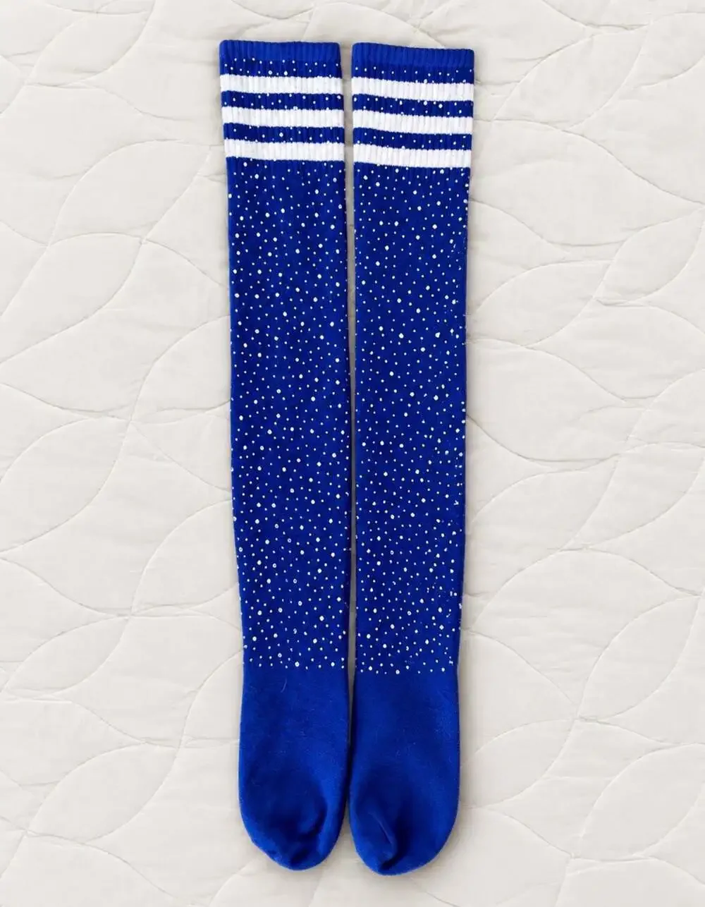 Royal Blue Rhinestone Thigh High Socks Striped Sparkle M/L